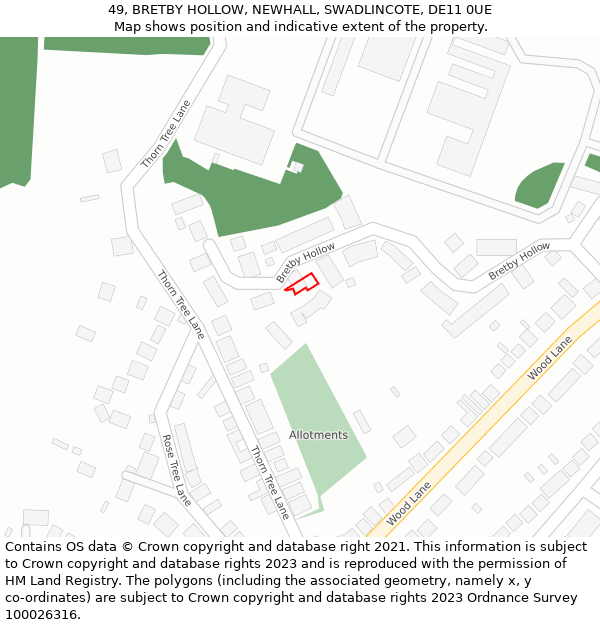 49, BRETBY HOLLOW, NEWHALL, SWADLINCOTE, DE11 0UE: Location map and indicative extent of plot