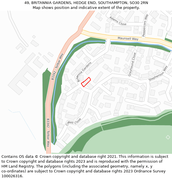 49, BRITANNIA GARDENS, HEDGE END, SOUTHAMPTON, SO30 2RN: Location map and indicative extent of plot