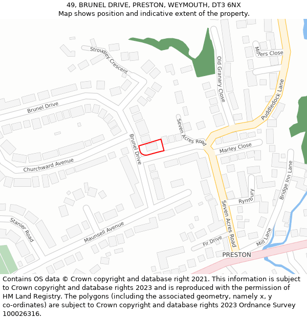 49, BRUNEL DRIVE, PRESTON, WEYMOUTH, DT3 6NX: Location map and indicative extent of plot