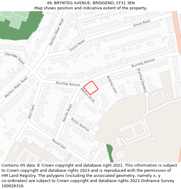 49, BRYNTEG AVENUE, BRIDGEND, CF31 3EN: Location map and indicative extent of plot