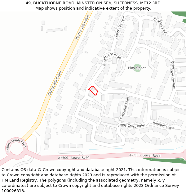 49, BUCKTHORNE ROAD, MINSTER ON SEA, SHEERNESS, ME12 3RD: Location map and indicative extent of plot