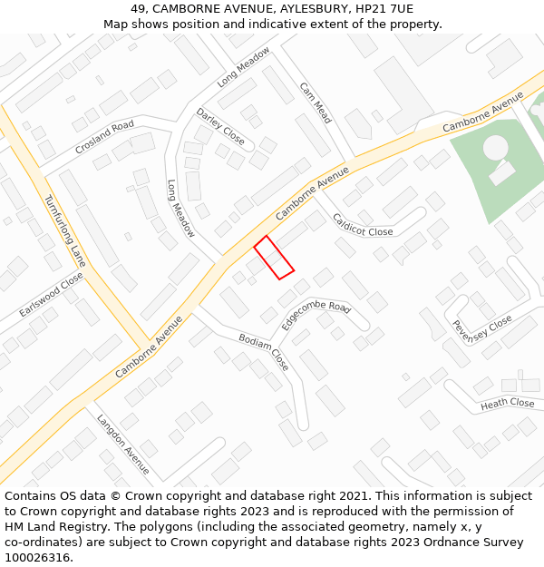 49, CAMBORNE AVENUE, AYLESBURY, HP21 7UE: Location map and indicative extent of plot
