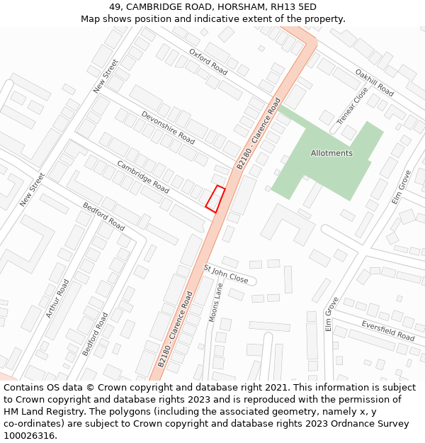 49, CAMBRIDGE ROAD, HORSHAM, RH13 5ED: Location map and indicative extent of plot