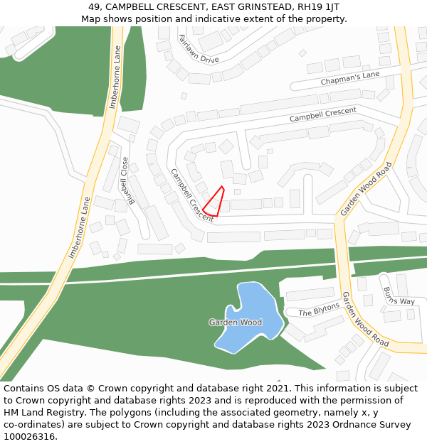 49, CAMPBELL CRESCENT, EAST GRINSTEAD, RH19 1JT: Location map and indicative extent of plot