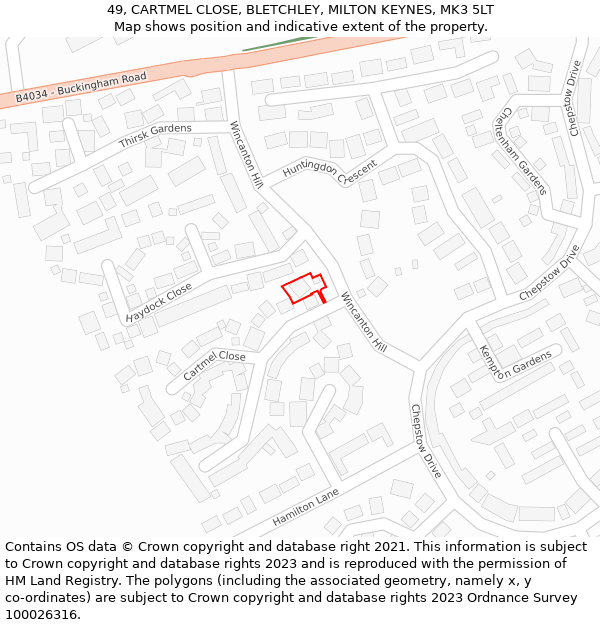 49, CARTMEL CLOSE, BLETCHLEY, MILTON KEYNES, MK3 5LT: Location map and indicative extent of plot