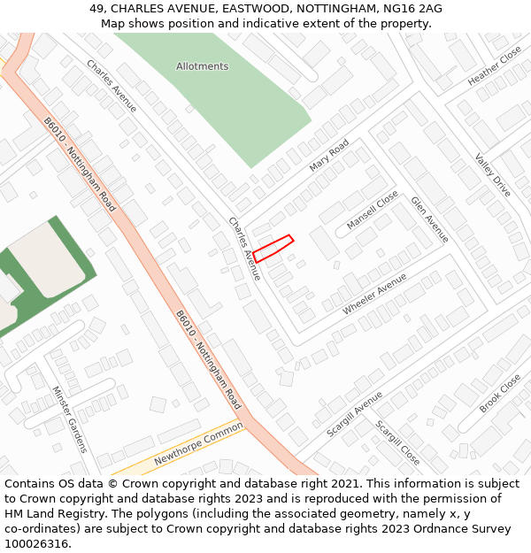 49, CHARLES AVENUE, EASTWOOD, NOTTINGHAM, NG16 2AG: Location map and indicative extent of plot