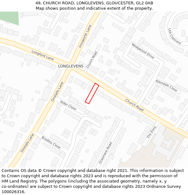 49, CHURCH ROAD, LONGLEVENS, GLOUCESTER, GL2 0AB: Location map and indicative extent of plot