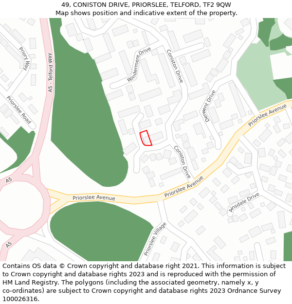 49, CONISTON DRIVE, PRIORSLEE, TELFORD, TF2 9QW: Location map and indicative extent of plot