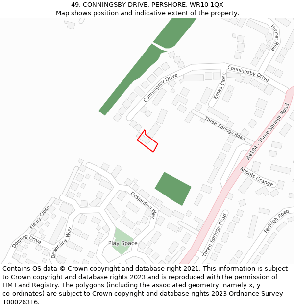 49, CONNINGSBY DRIVE, PERSHORE, WR10 1QX: Location map and indicative extent of plot