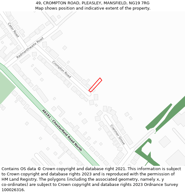 49, CROMPTON ROAD, PLEASLEY, MANSFIELD, NG19 7RG: Location map and indicative extent of plot