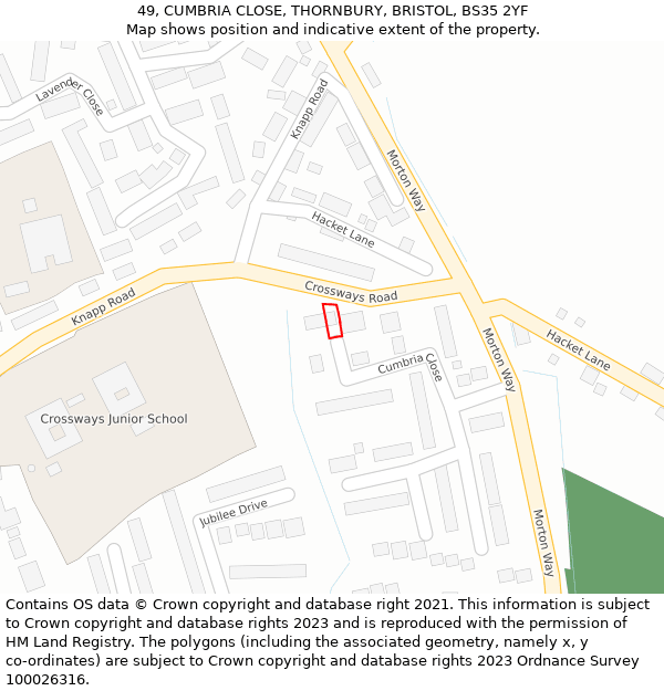 49, CUMBRIA CLOSE, THORNBURY, BRISTOL, BS35 2YF: Location map and indicative extent of plot