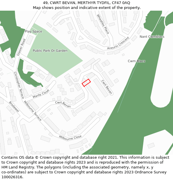 49, CWRT BEVAN, MERTHYR TYDFIL, CF47 0AQ: Location map and indicative extent of plot