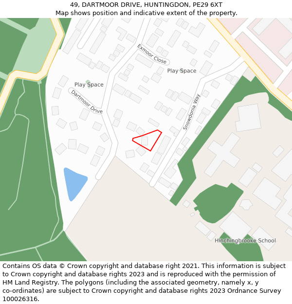 49, DARTMOOR DRIVE, HUNTINGDON, PE29 6XT: Location map and indicative extent of plot