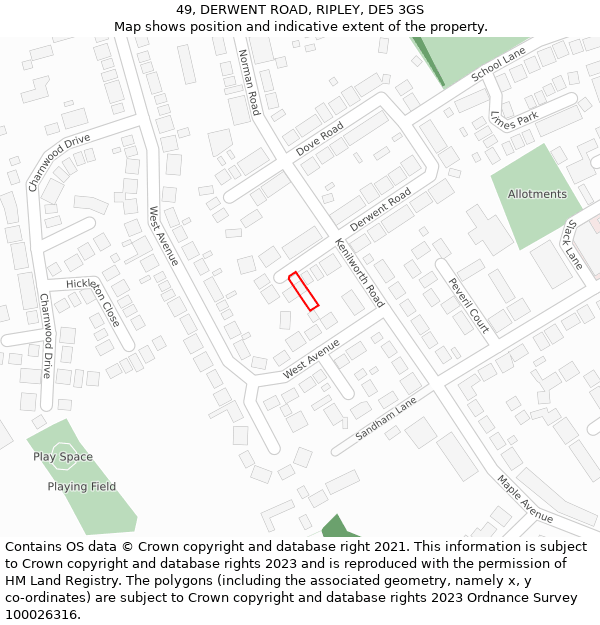 49, DERWENT ROAD, RIPLEY, DE5 3GS: Location map and indicative extent of plot