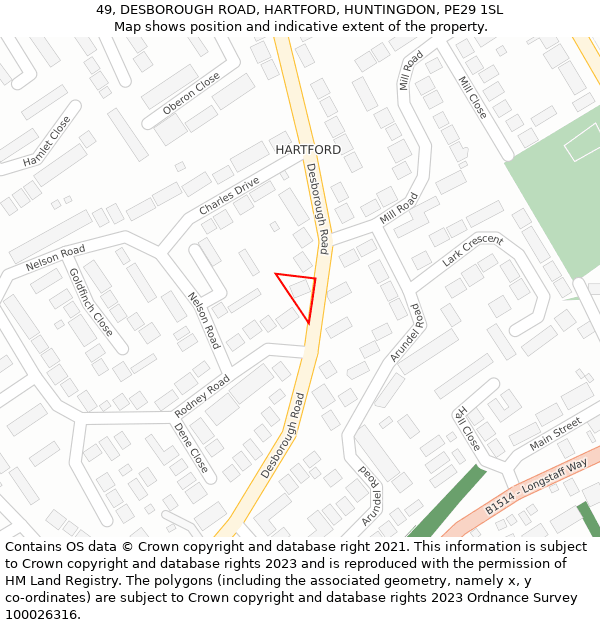 49, DESBOROUGH ROAD, HARTFORD, HUNTINGDON, PE29 1SL: Location map and indicative extent of plot