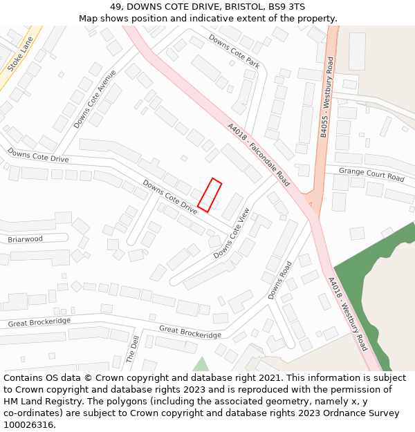 49, DOWNS COTE DRIVE, BRISTOL, BS9 3TS: Location map and indicative extent of plot
