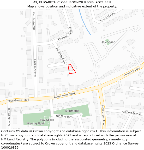 49, ELIZABETH CLOSE, BOGNOR REGIS, PO21 3EN: Location map and indicative extent of plot