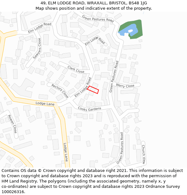 49, ELM LODGE ROAD, WRAXALL, BRISTOL, BS48 1JG: Location map and indicative extent of plot