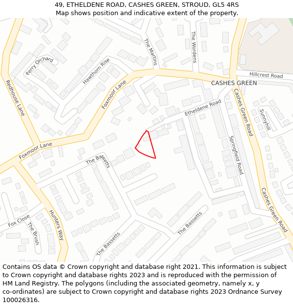 49, ETHELDENE ROAD, CASHES GREEN, STROUD, GL5 4RS: Location map and indicative extent of plot