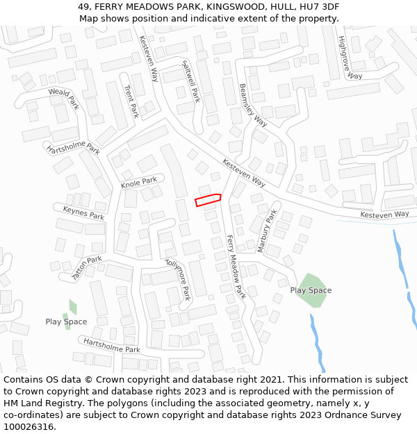 49, FERRY MEADOWS PARK, KINGSWOOD, HULL, HU7 3DF: Location map and indicative extent of plot