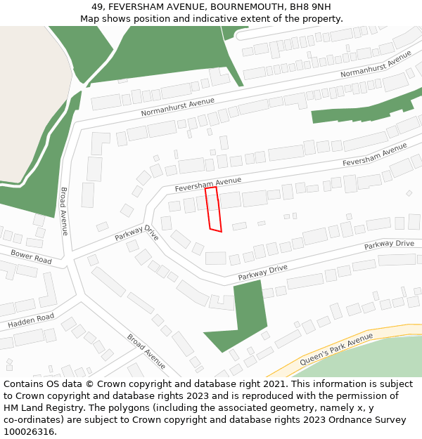 49, FEVERSHAM AVENUE, BOURNEMOUTH, BH8 9NH: Location map and indicative extent of plot