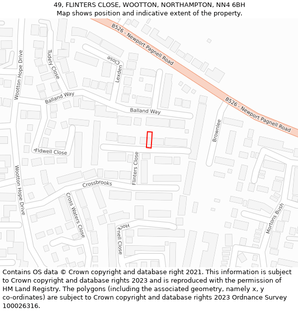 49, FLINTERS CLOSE, WOOTTON, NORTHAMPTON, NN4 6BH: Location map and indicative extent of plot