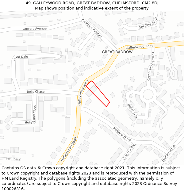 49, GALLEYWOOD ROAD, GREAT BADDOW, CHELMSFORD, CM2 8DJ: Location map and indicative extent of plot