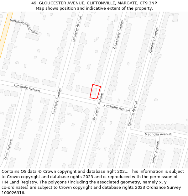 49, GLOUCESTER AVENUE, CLIFTONVILLE, MARGATE, CT9 3NP: Location map and indicative extent of plot
