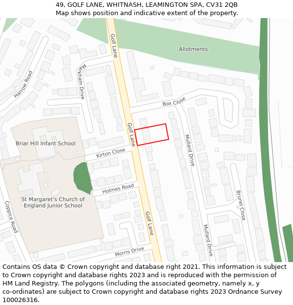 49, GOLF LANE, WHITNASH, LEAMINGTON SPA, CV31 2QB: Location map and indicative extent of plot