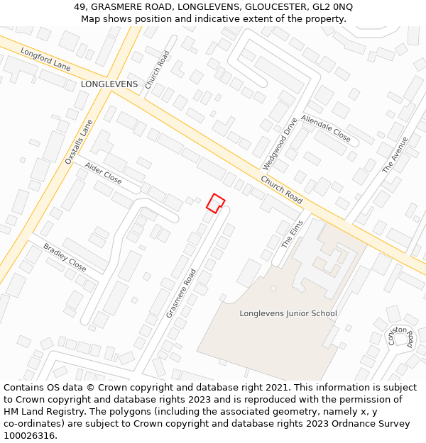 49, GRASMERE ROAD, LONGLEVENS, GLOUCESTER, GL2 0NQ: Location map and indicative extent of plot