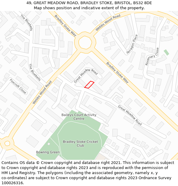 49, GREAT MEADOW ROAD, BRADLEY STOKE, BRISTOL, BS32 8DE: Location map and indicative extent of plot