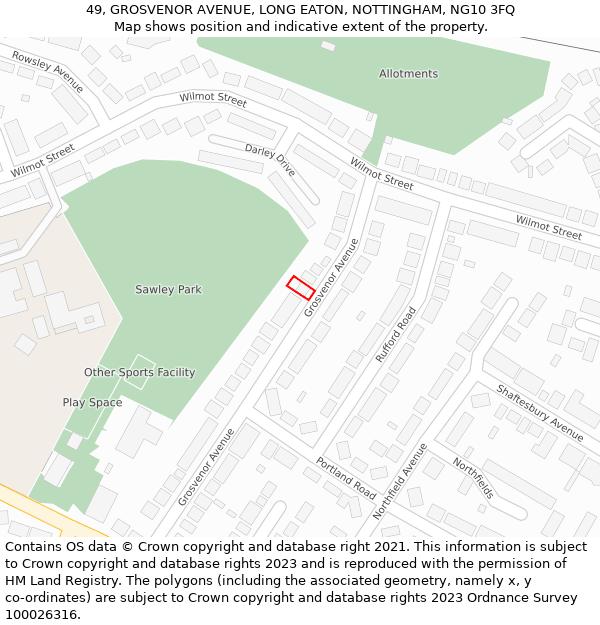 49, GROSVENOR AVENUE, LONG EATON, NOTTINGHAM, NG10 3FQ: Location map and indicative extent of plot