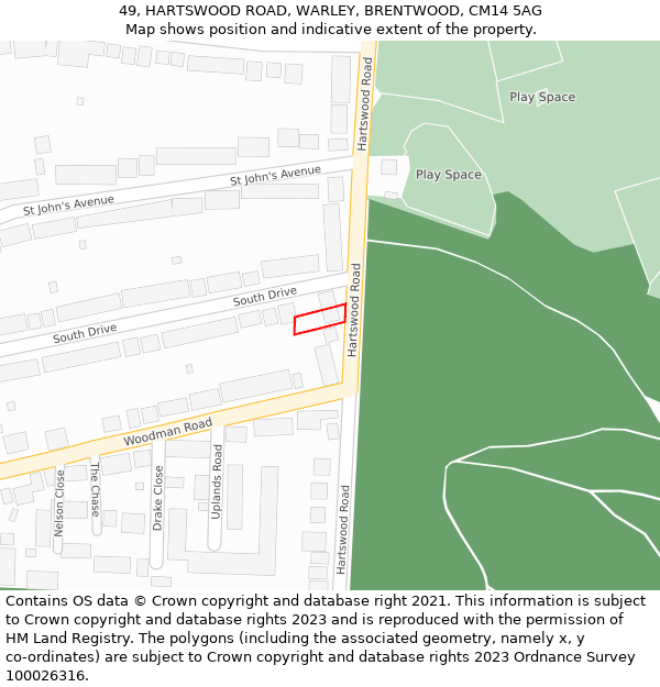 49, HARTSWOOD ROAD, WARLEY, BRENTWOOD, CM14 5AG: Location map and indicative extent of plot