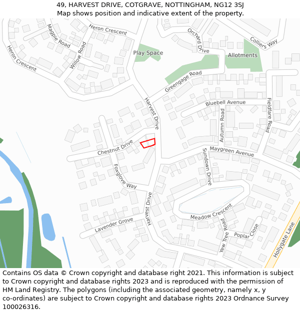 49, HARVEST DRIVE, COTGRAVE, NOTTINGHAM, NG12 3SJ: Location map and indicative extent of plot