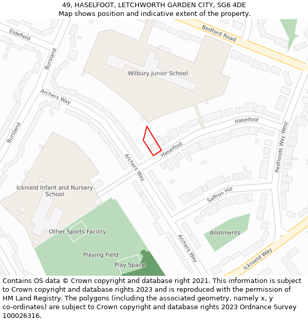 49, HASELFOOT, LETCHWORTH GARDEN CITY, SG6 4DE: Location map and indicative extent of plot