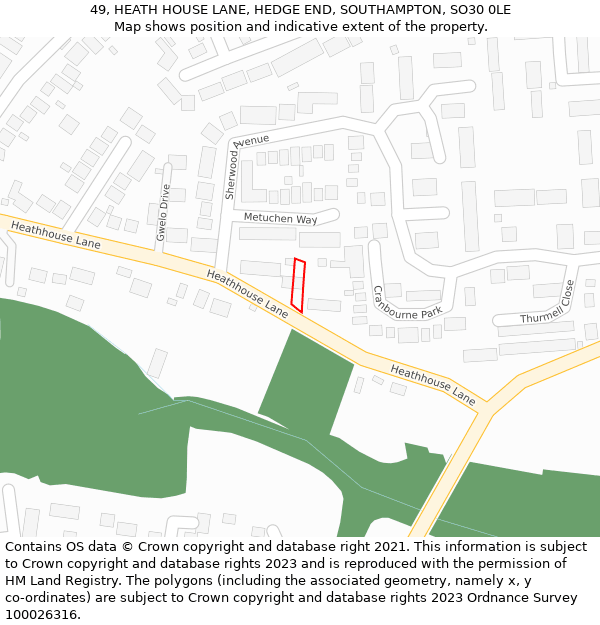 49, HEATH HOUSE LANE, HEDGE END, SOUTHAMPTON, SO30 0LE: Location map and indicative extent of plot