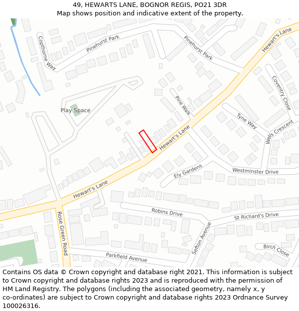 49, HEWARTS LANE, BOGNOR REGIS, PO21 3DR: Location map and indicative extent of plot