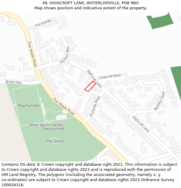 49, HIGHCROFT LANE, WATERLOOVILLE, PO8 9NX: Location map and indicative extent of plot