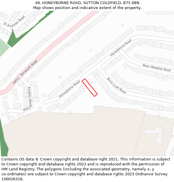 49, HONEYBORNE ROAD, SUTTON COLDFIELD, B75 6BN: Location map and indicative extent of plot