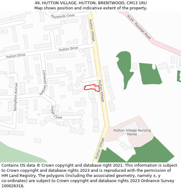 49, HUTTON VILLAGE, HUTTON, BRENTWOOD, CM13 1RU: Location map and indicative extent of plot