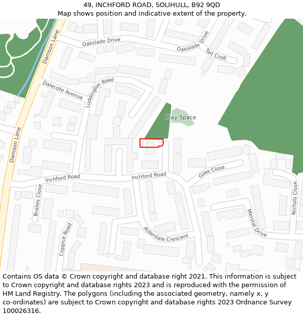 49, INCHFORD ROAD, SOLIHULL, B92 9QD: Location map and indicative extent of plot