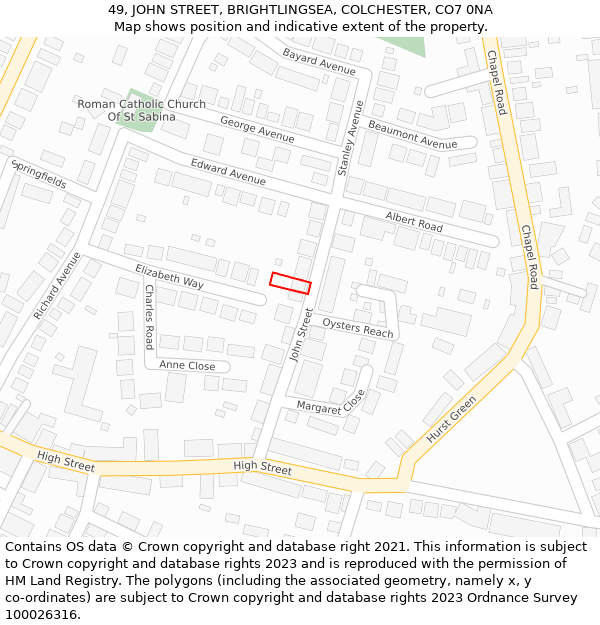 49, JOHN STREET, BRIGHTLINGSEA, COLCHESTER, CO7 0NA: Location map and indicative extent of plot