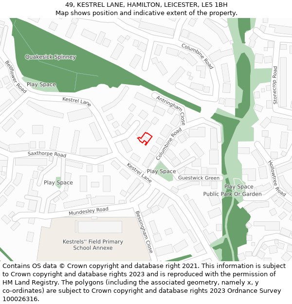 49, KESTREL LANE, HAMILTON, LEICESTER, LE5 1BH: Location map and indicative extent of plot