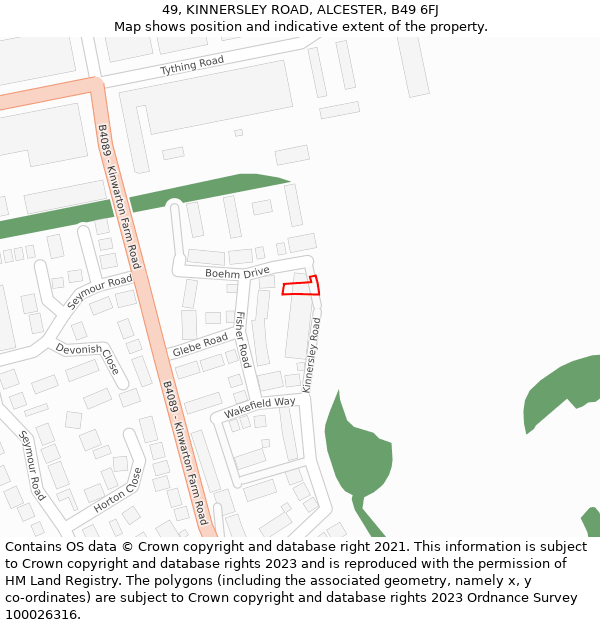 49, KINNERSLEY ROAD, ALCESTER, B49 6FJ: Location map and indicative extent of plot