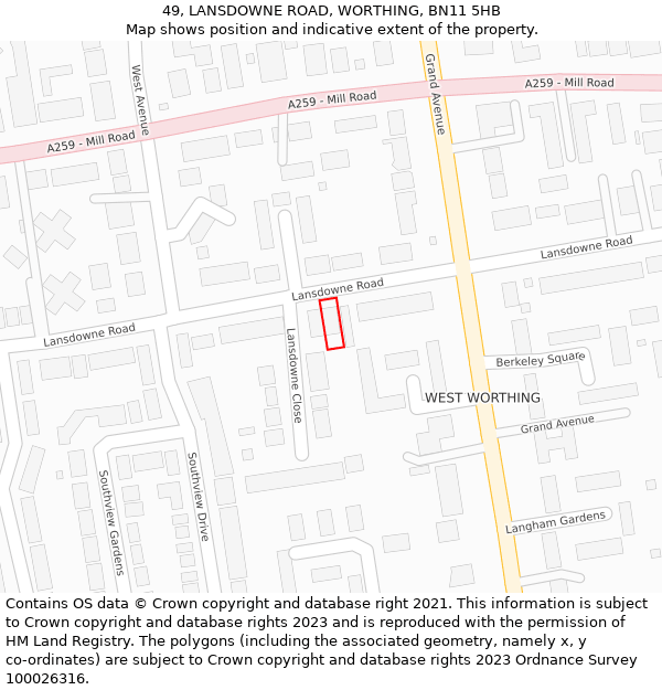 49, LANSDOWNE ROAD, WORTHING, BN11 5HB: Location map and indicative extent of plot