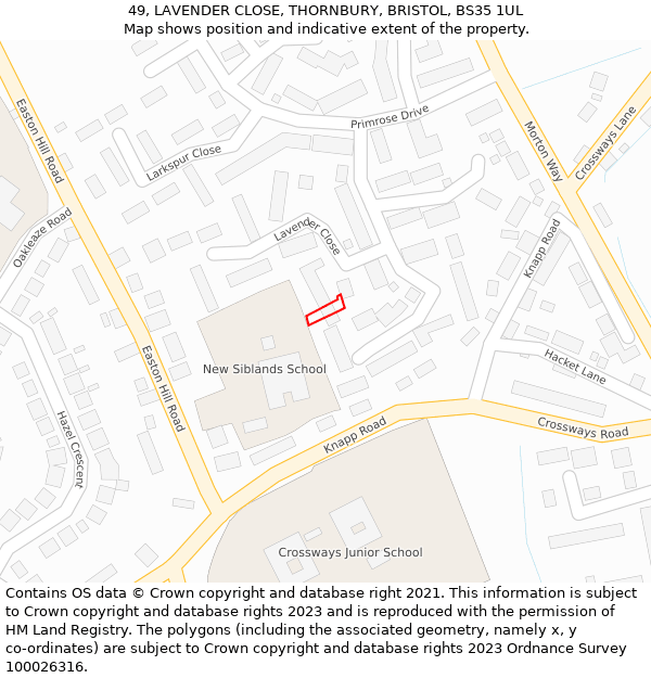 49, LAVENDER CLOSE, THORNBURY, BRISTOL, BS35 1UL: Location map and indicative extent of plot