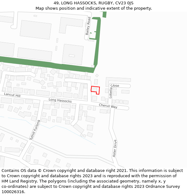 49, LONG HASSOCKS, RUGBY, CV23 0JS: Location map and indicative extent of plot