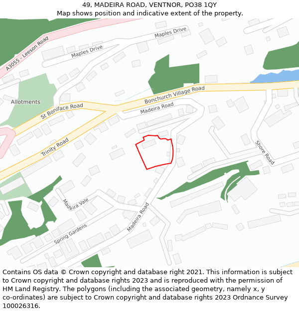 49, MADEIRA ROAD, VENTNOR, PO38 1QY: Location map and indicative extent of plot