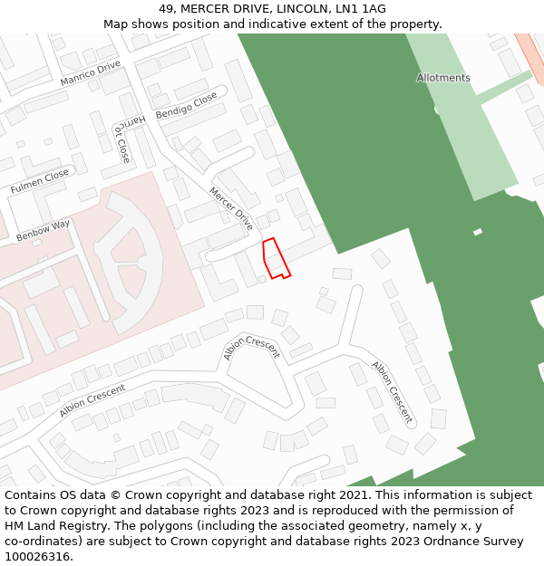 49, MERCER DRIVE, LINCOLN, LN1 1AG: Location map and indicative extent of plot