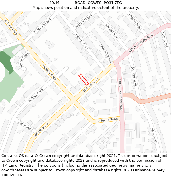 49, MILL HILL ROAD, COWES, PO31 7EG: Location map and indicative extent of plot